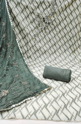 Teal Green and White Floral Cotton Banarasi Handwork Unstitched Suit